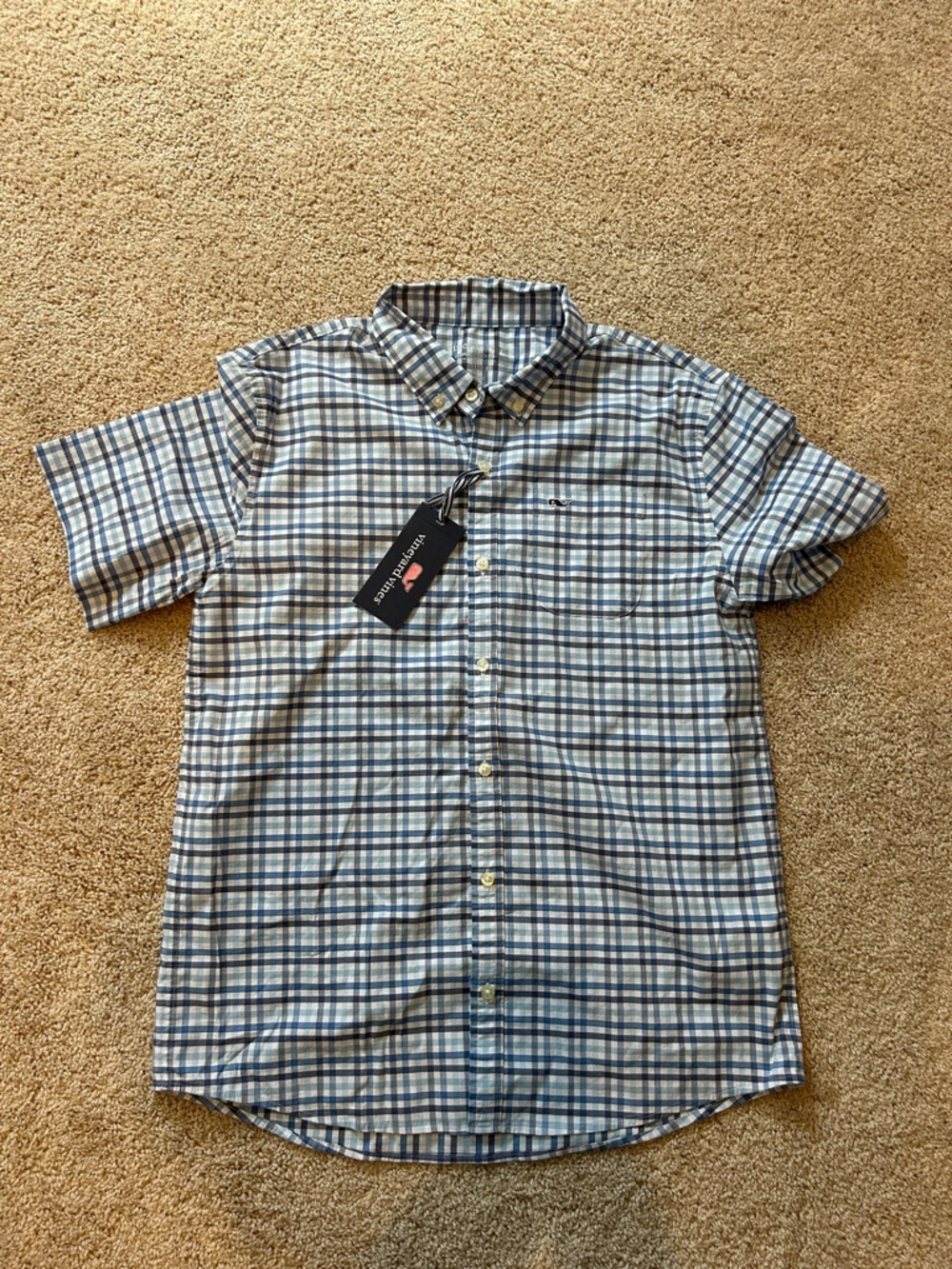 Vineyard Vines Short Sleeve Plaid Button-Down Shirt - Blue & White